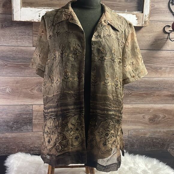 K Studio Sheer Blouse Button Up, Ladies 14, Green Floral Pattern - Picture 5 of 8